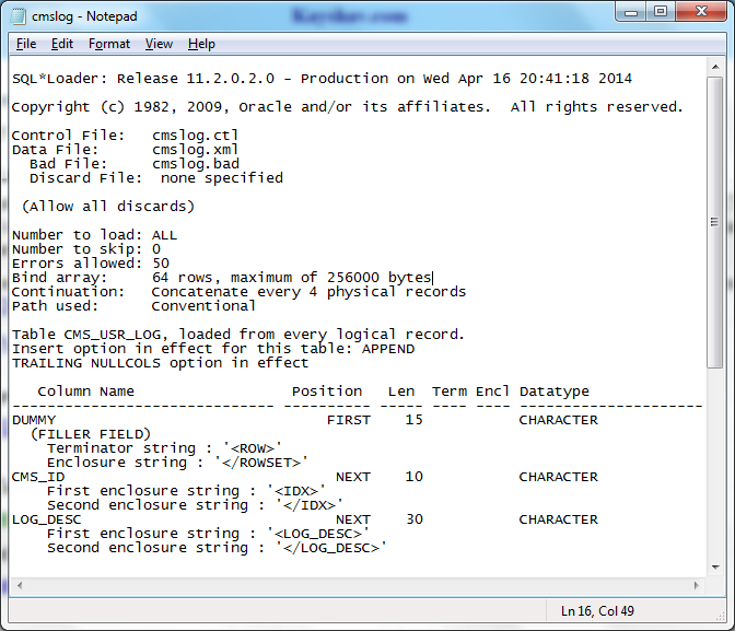 Oracle SQLLDR XML Data Load Log File